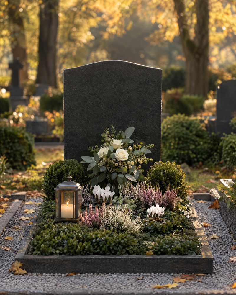 Gepflegtes Grab im Herbst mit glattem Granitstein, Buchskugeln, Heide, weißen Alpenveilchen, einem Gesteck aus weißen Rosen und einem Grablicht
