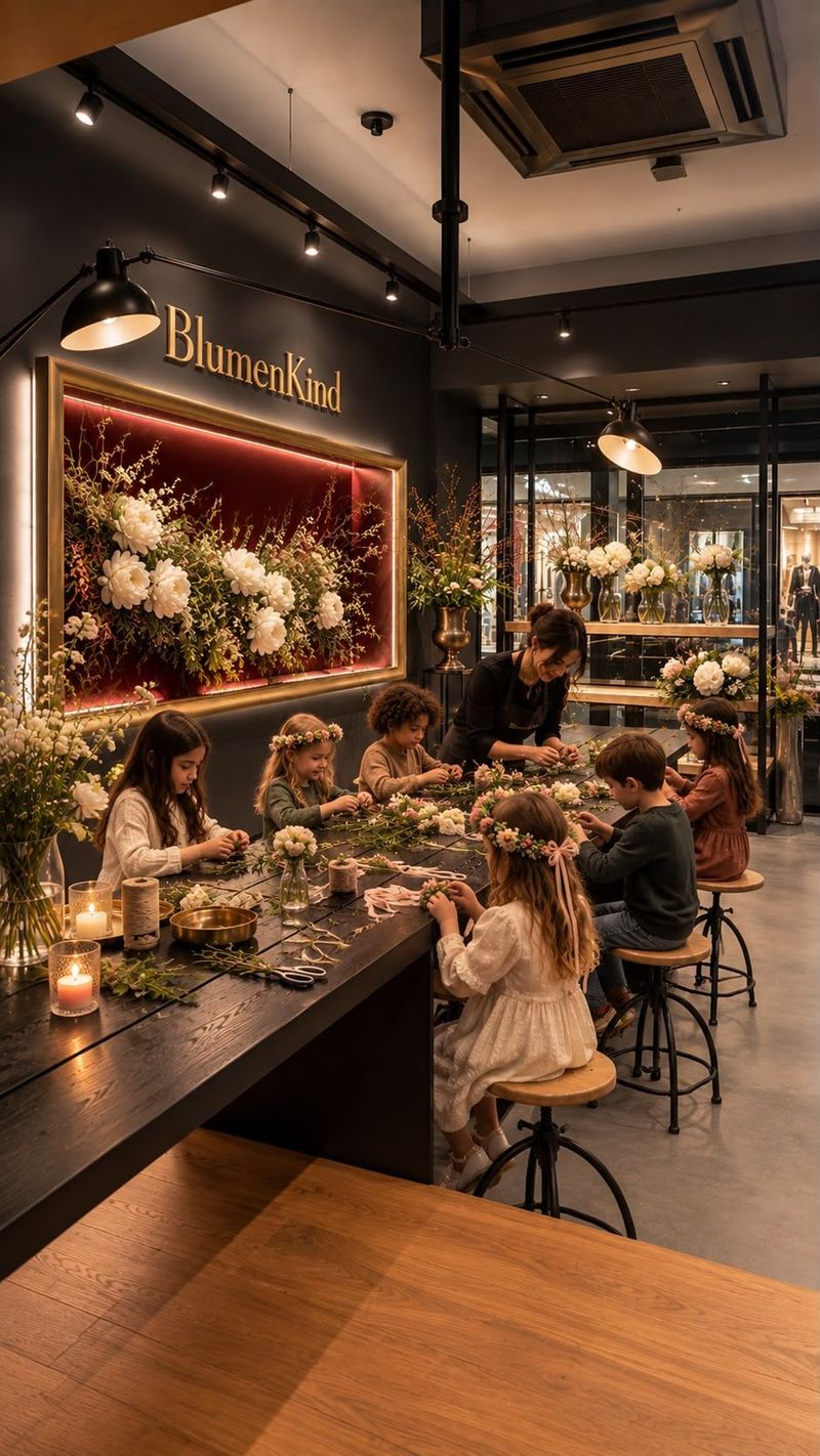 Kinder sitzen an einem langen Tisch in der Blumengalerie und gestalten Blumenkränze